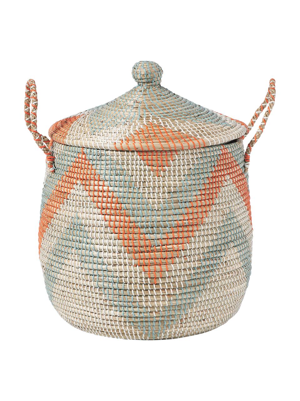 Aufbewahrungskörbe Mija mit Deckel, 2er-Set, Seegras, Beige, Weiß, Orange, Türkis, Ø 45 x H 52 cm