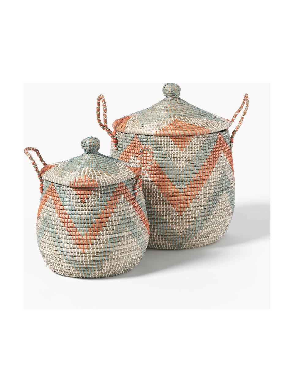 Paniers de rangement avec couvercle Mija, 2 élém., Jonc de mer, Orange, vert sauge, beige, Ø 45 x haut. 52 cm