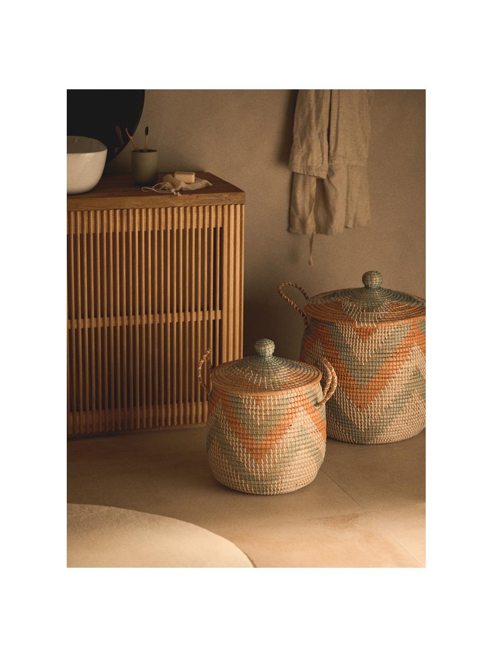 Paniers de rangement avec couvercle Mija, 2 élém., Jonc de mer, Orange, vert sauge, beige, Ø 45 x haut. 52 cm