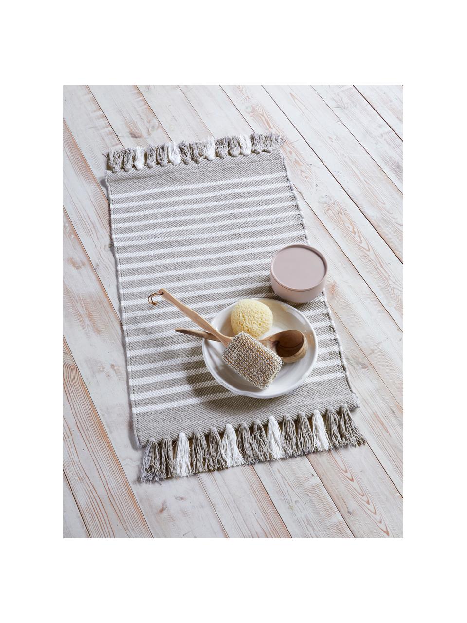 Gestreepte badmat Stripes & Structure met franjes, 100% katoen, Beige, gebroken wit, B 60 x L 100 cm