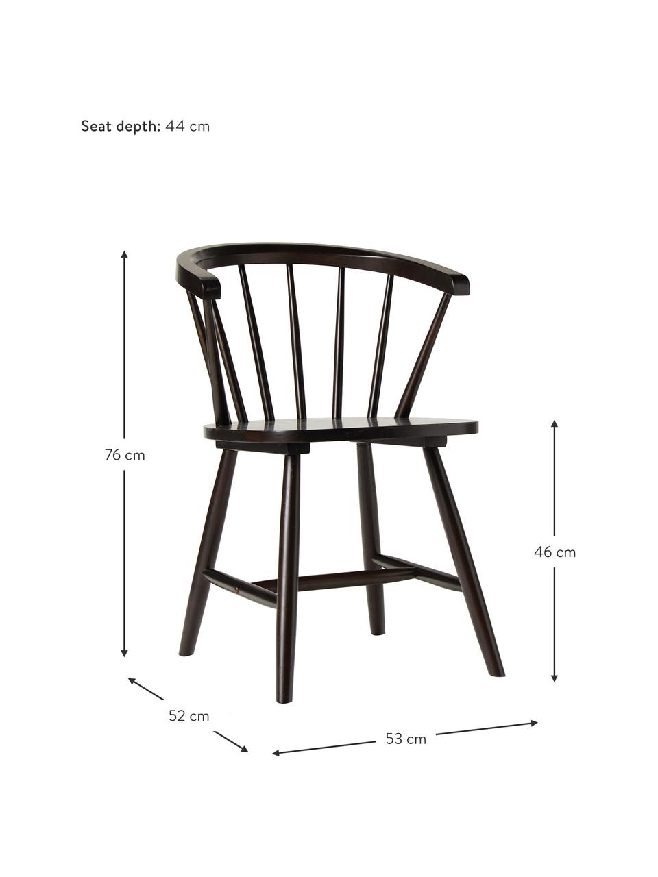 Sillas de madera Windsor Megan, 2 uds., Madera de caucho lacada, Madera de caucho pintado en marrón, An 53 x F 52 cm