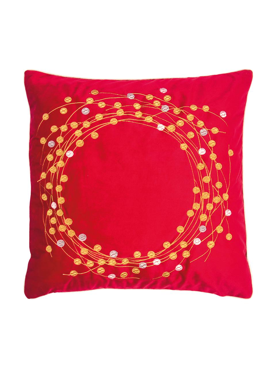 Fluwelen kussenhoes Circle met geborduurd wintermotief, Polyester fluweel, Rood, goudkleurig, 45 x 45 cm