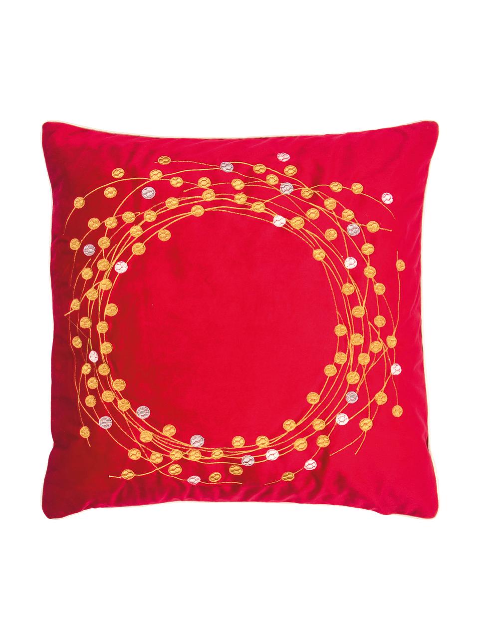 Funda de cojín de terciopelo Circle, Terciopelo de poliéster, Rojo, dorado, An 45 x L 45 cm