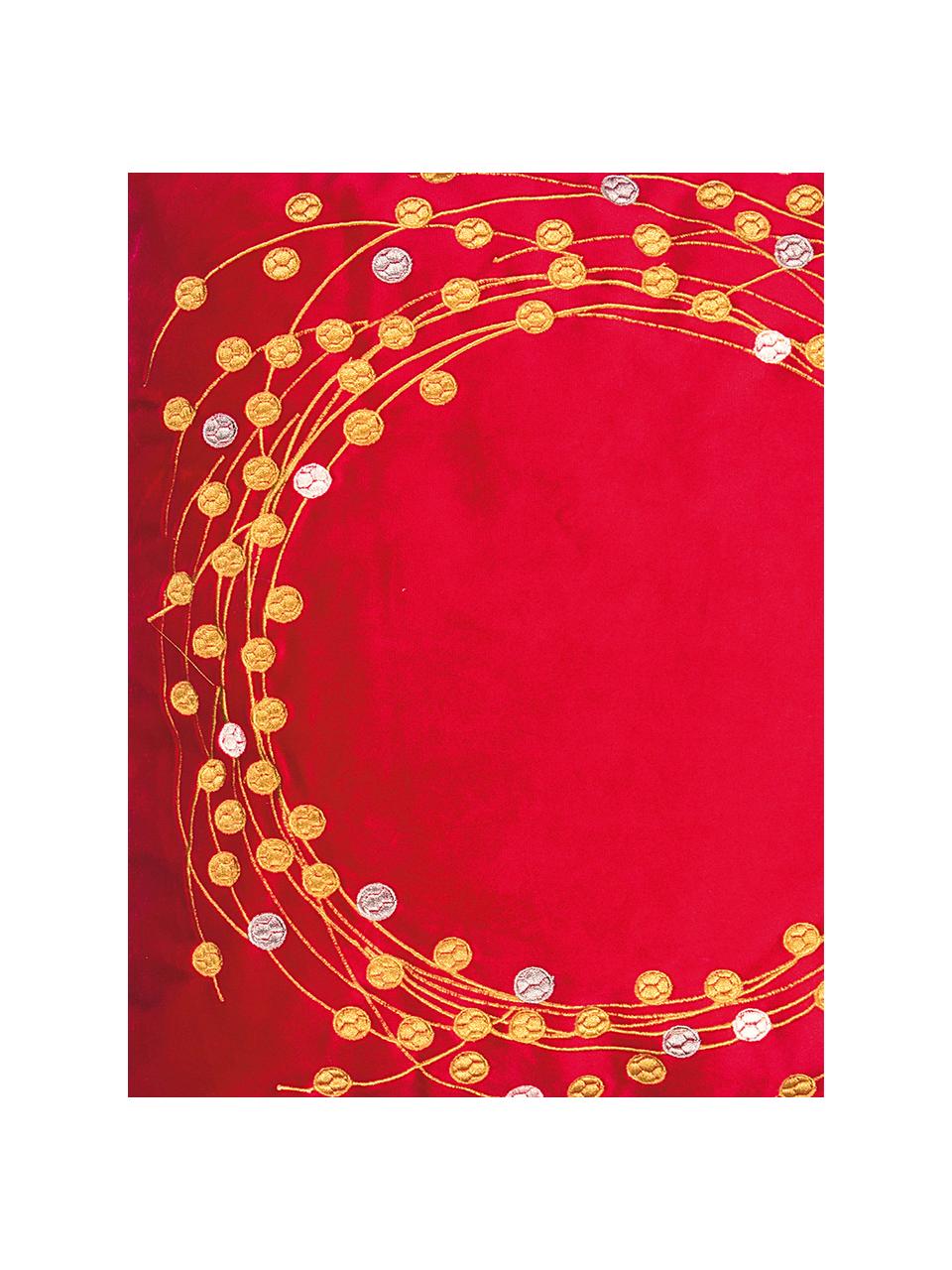 Fluwelen kussenhoes Circle met geborduurd wintermotief, Polyester fluweel, Rood, goudkleurig, 45 x 45 cm