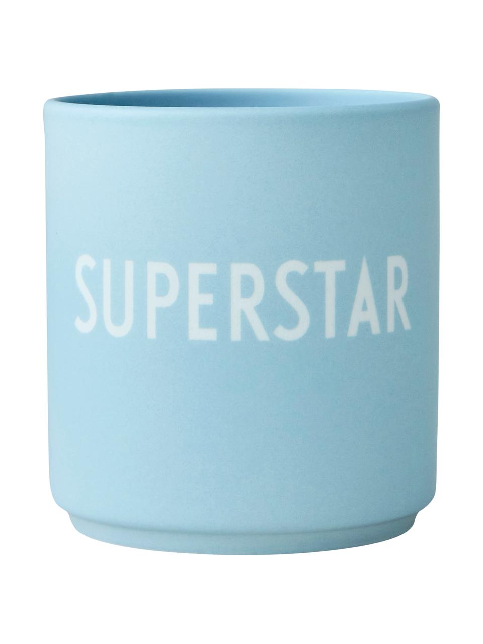 Design beker Favourite SUPERSTAR in blauw met opschrift, Beenderporselein (porselein)
Fine Bone China is een zacht porselein, dat zich vooral onderscheidt door zijn briljante, doorschijnende glans., Lichtblauw, wit, Ø 8 x 9 cm