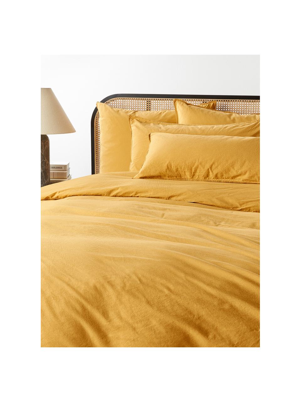 Funda nórdica de percal lavado Debbie, Amarillo mostaza, Cama 90 cm (155 x 220 cm)