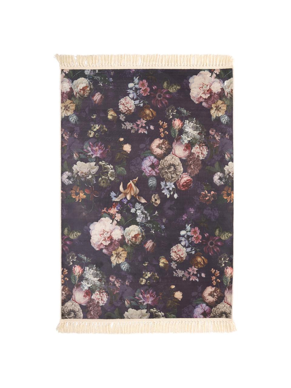 Teppich Fleur mit Blumenmuster und Fransen, 100% Polyester, Nachtblau, B 120 x L 180 cm (Grösse S)