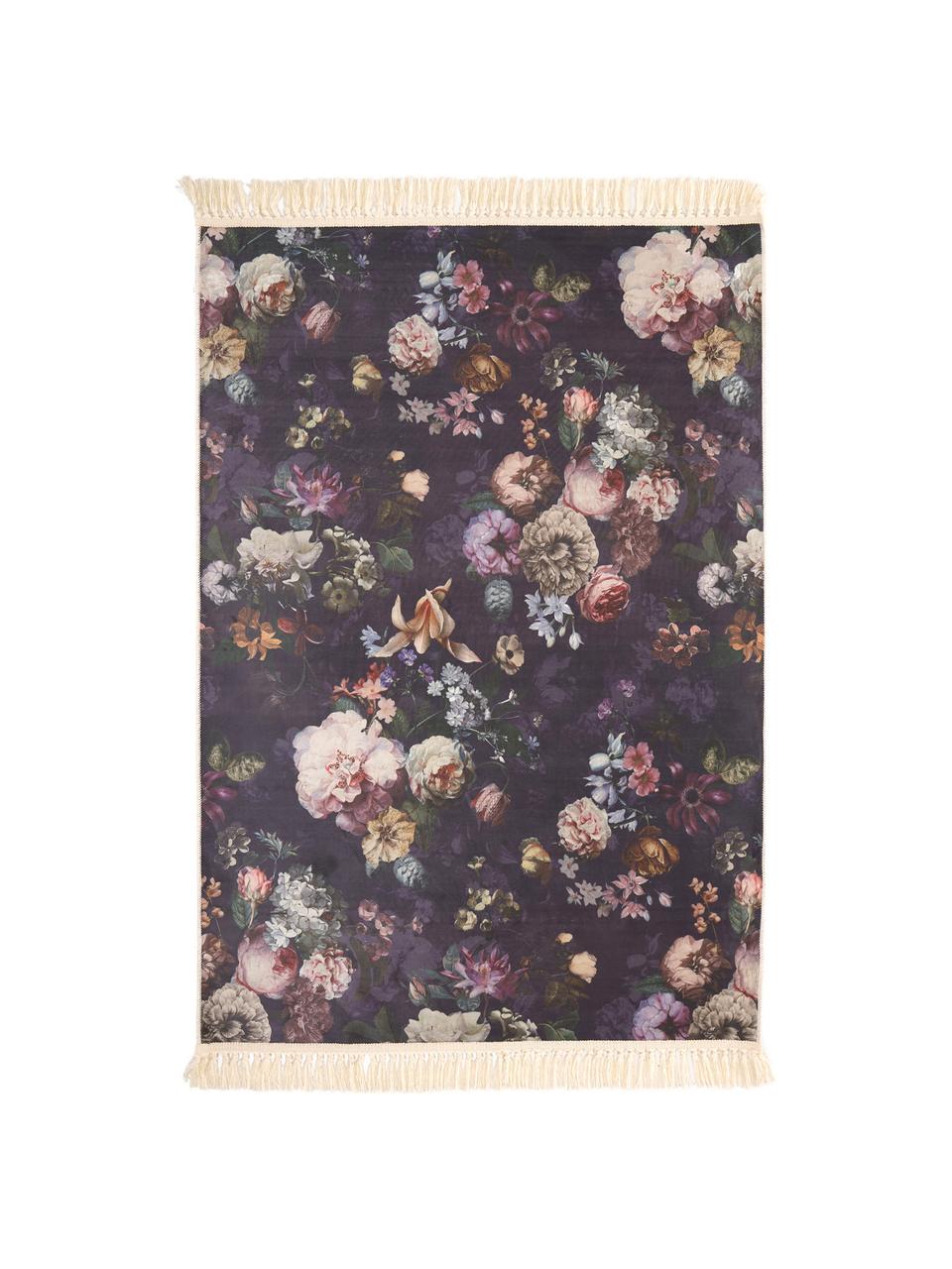 Vloerkleed Fleur met bloemmotief en franjes, 100% polyester, Nachtblauw, 120 x 180 cm