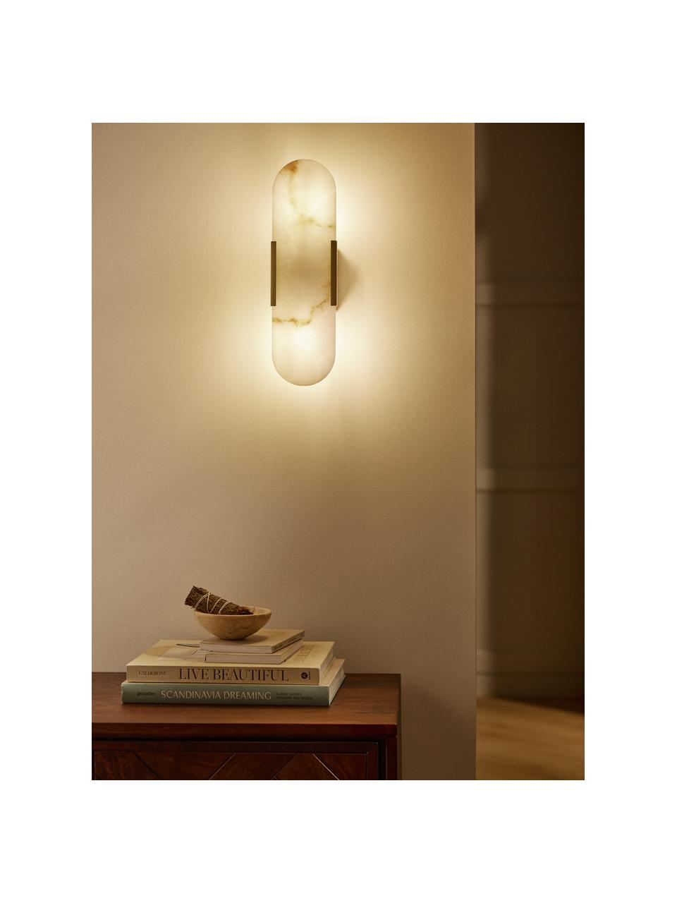 Wandlamp Galene in marmerlook, Lampenkap: kunsthars, Goudkleurig, marmer look wit, B 10 x H 35 cm