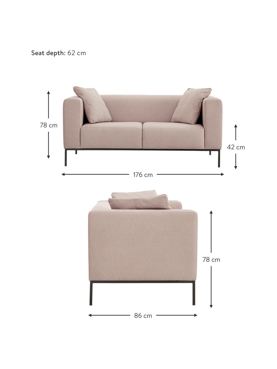 Divano 2 posti in tessuto rosa cipria Carrie, Rivestimento: poliestere 50.000 cicli d, Struttura: trucciolato, faesite, com, Piedini: metallo verniciato, Tessuto rosa cipria, Larg. 176 x Prof. 86 cm