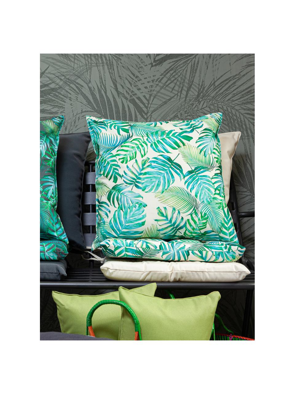 Outdoor kussen Madeira met bladpatroon, met vulling, 100% polyester, Gebroken wit, blauwtinten, groentinten, B 45 x L 45 cm