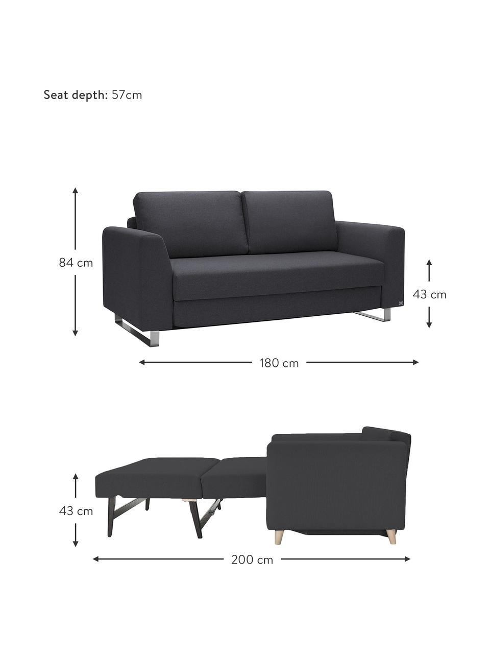 Schlafsofa Bruno (2-Sitzer) in Anthrazit, ausklappbar, Bezug: Pflegeleichtes robustes P, Rahmen: Massivholz, Webstoff Anthrazit, B 180 x T 84 cm