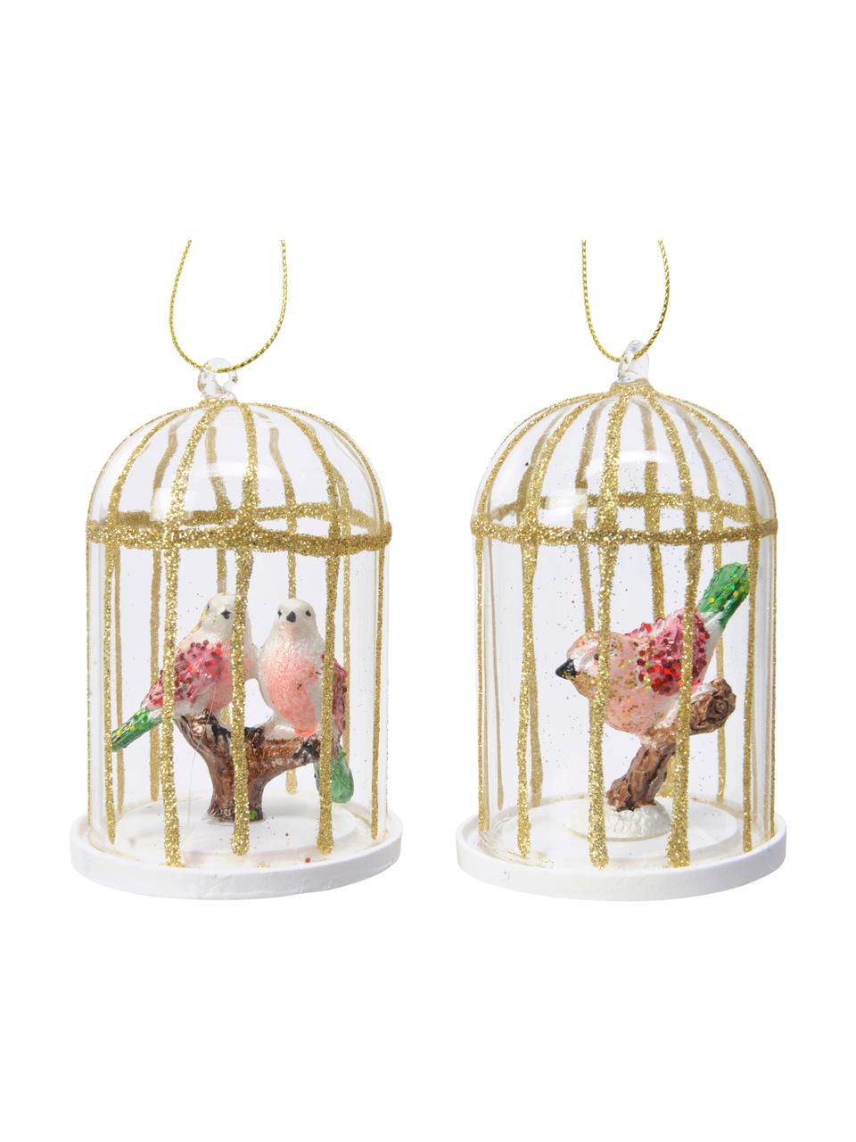 Adornos navideños Cages, 2 uds., Figura: vidrio, Transparente, dorado, rosa, verde, Ø 7 x Al 10 cm