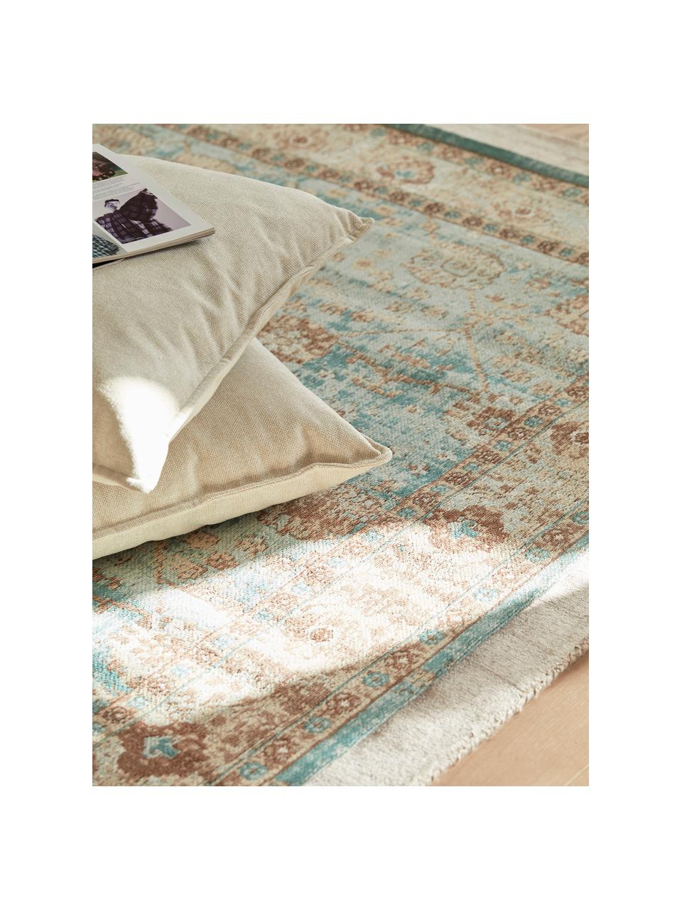 Chenilleteppich Rimini, handgewebt, Flor: 95 % Baumwolle, 5 % Polye, Türkisgrün, Beige, Braun, B 160 x L 230 cm (Größe M)