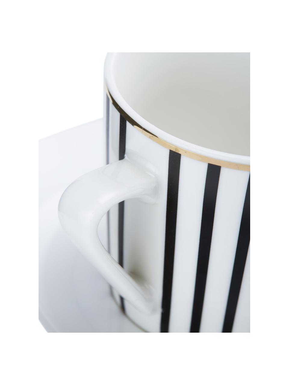 Set tazze da caffè a righe con piattini Pluto Loft 4 pz, Porcellana, Nero, bianco con bordo oro, Ø 8 x Alt. 8 cm, 120 ml