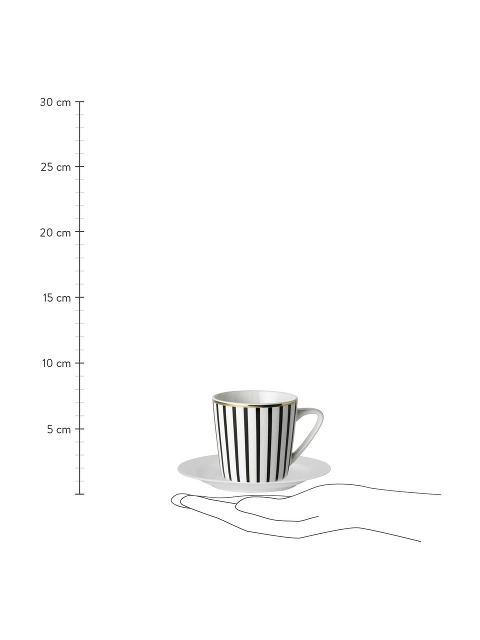 Set tazze da caffè a righe con piattini Pluto Loft 4 pz, Porcellana, Nero, bianco con bordo oro, Ø 8 x Alt. 8 cm, 120 ml
