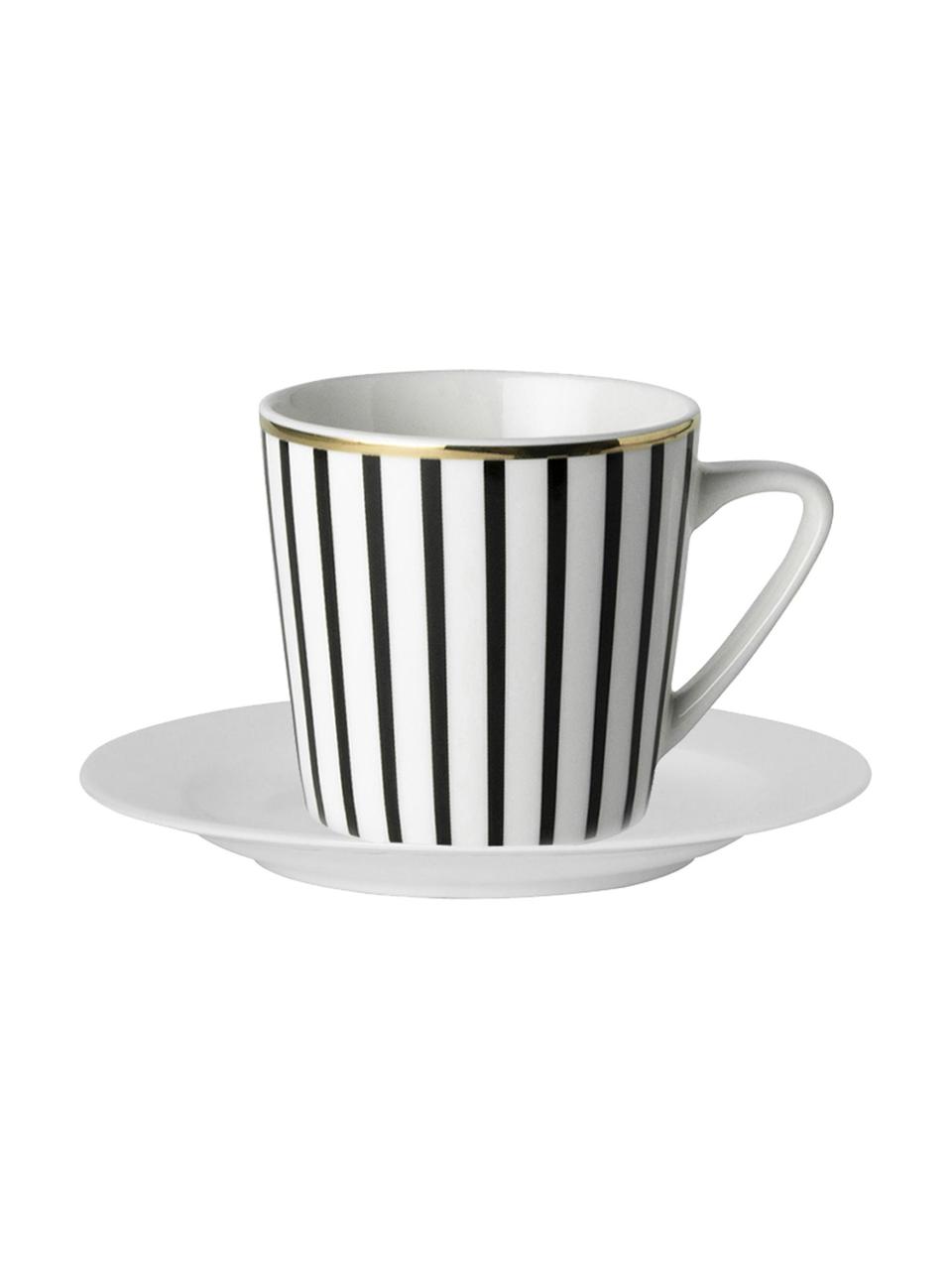 Tazas de café con platitos Pluto Loft, 4 uds., Porcelana, Negro y blanco con borde dorado, Ø 8 x Al 8 cm, 120 ml