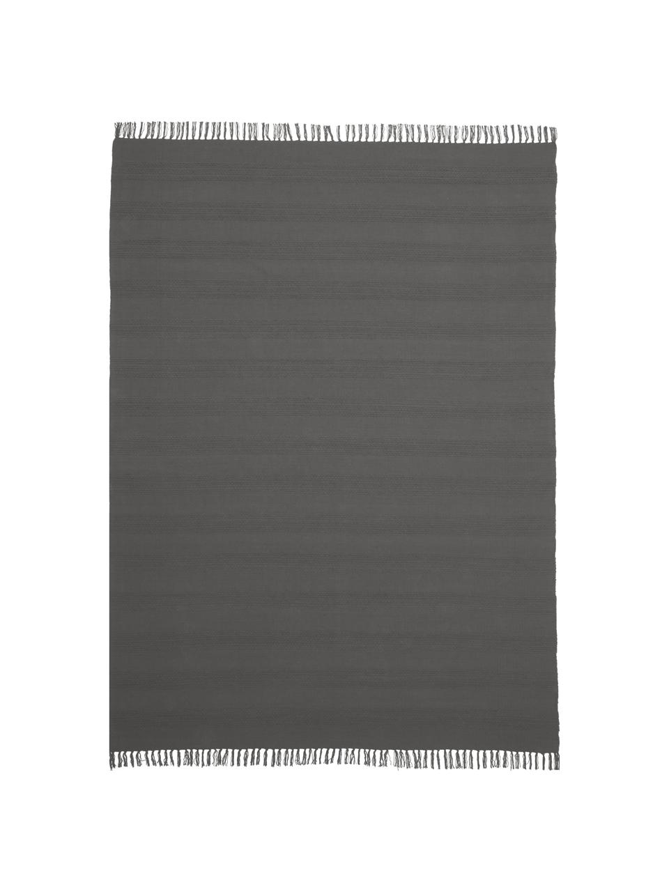 Tappeto in cotone con struttura a righe intrecciate tono su tono e frange Tanya, 100% cotone, Grigio scuro, Larg. 200 x Lung. 300 cm (taglia L)
