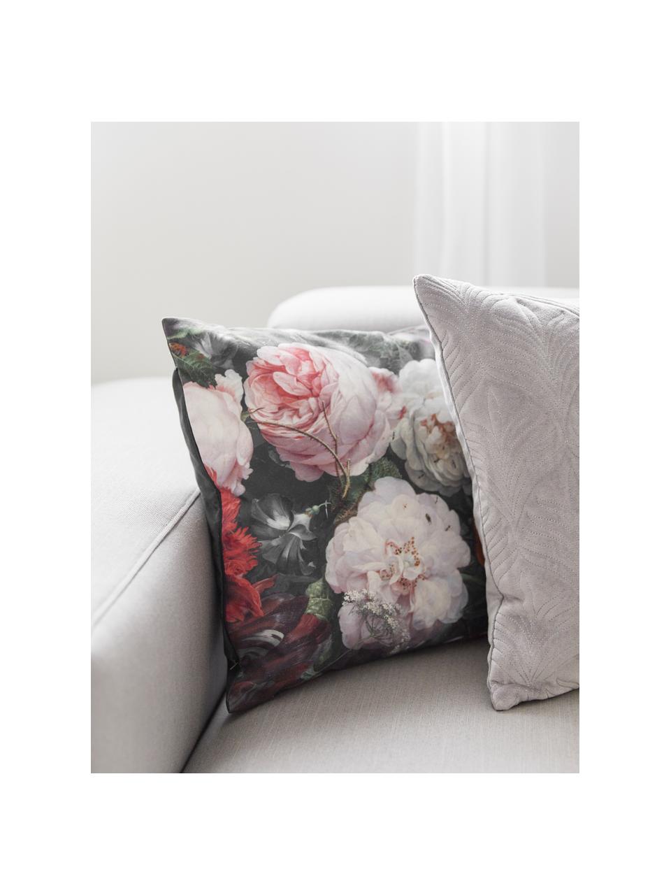 Fluwelen kussenhoes Fiore met donkere bloemmotief, 100% polyester fluweel, bedrukt, Antraciet, roze, rood, geel, groen, blauw, 50 x 50 cm