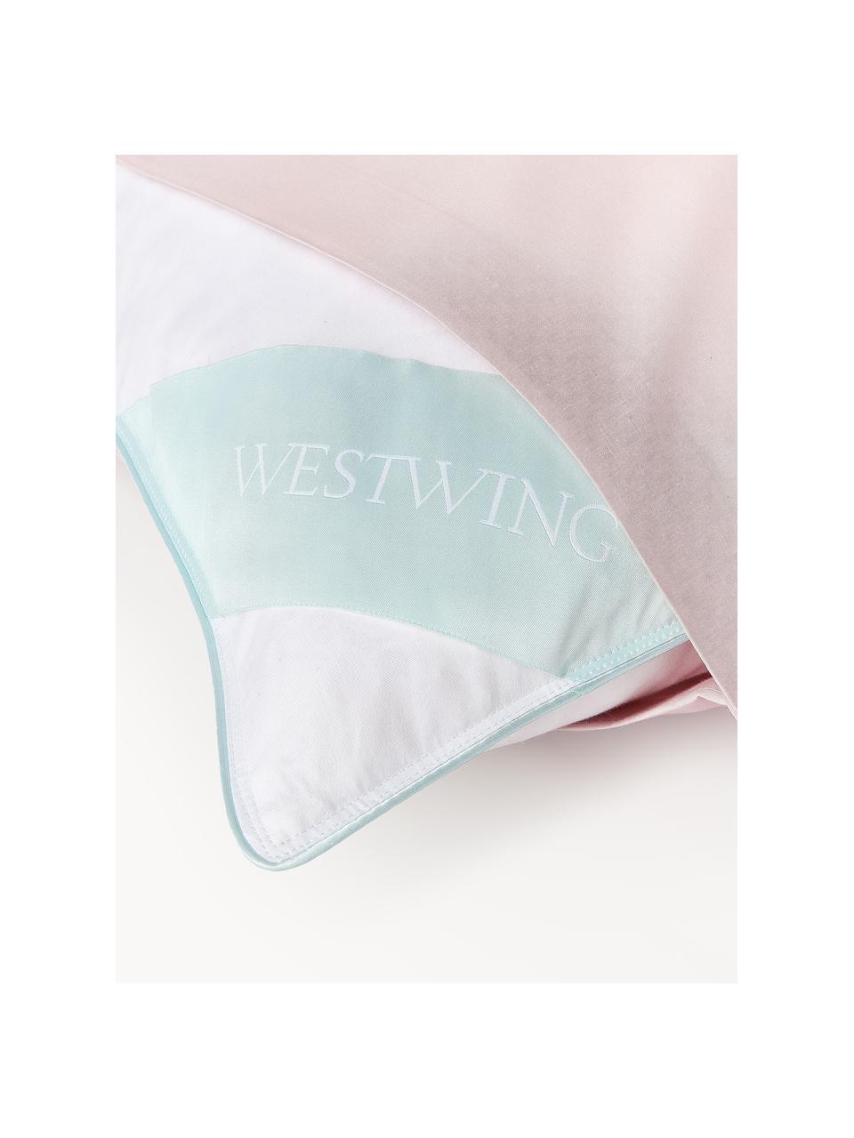 Cuscino medio Comfort, Bianco con fascia di stoffa in raso turchese, Larg. 80 x Lung. 80 cm