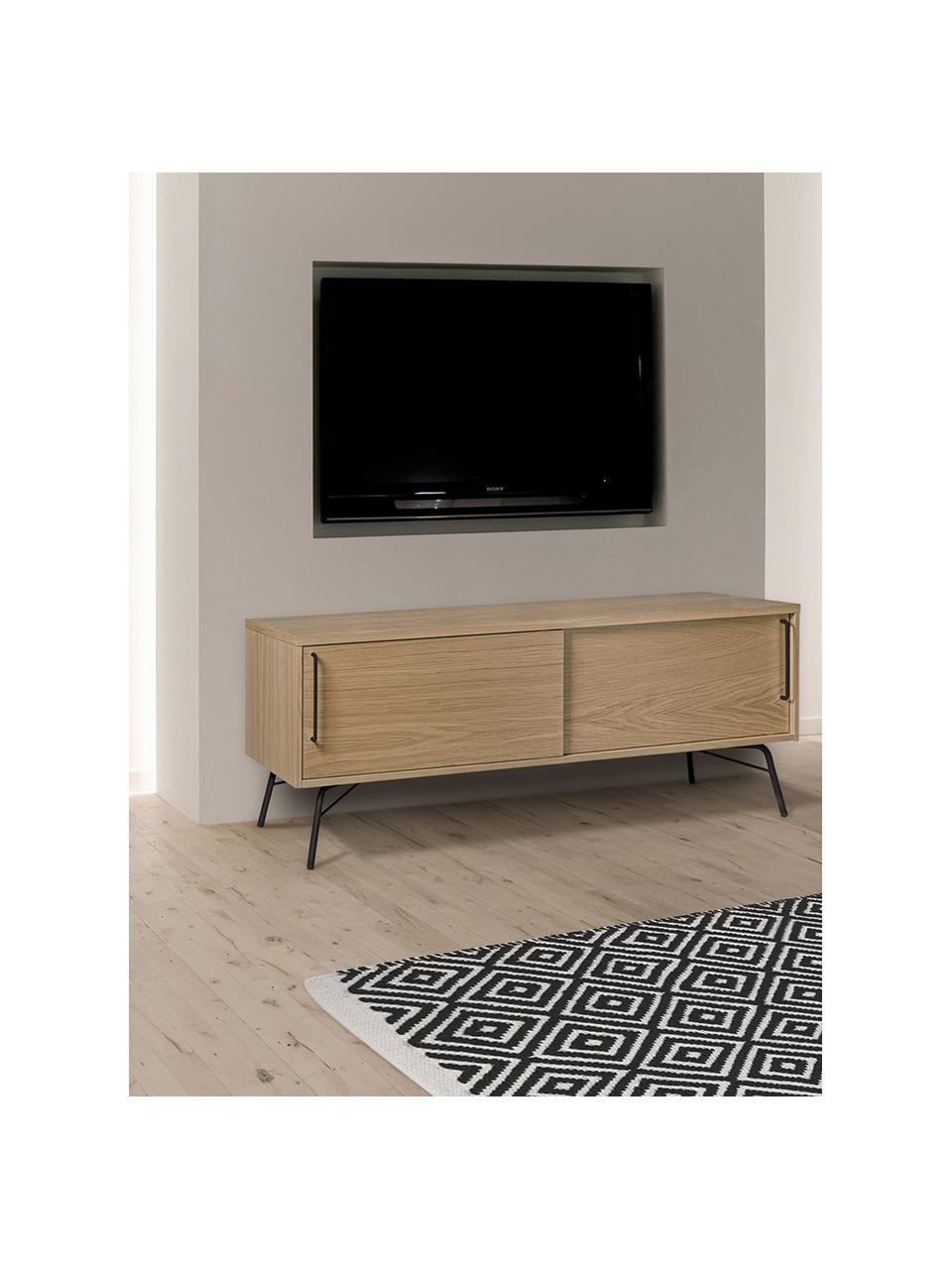 Tv-meubel Ashburn met eikenhoutfineer, Frame: spaanplaat, eikenfineer, Frame: eikenkleurig. Poten en handgrepen: mat zwart, 145 x 53 cm