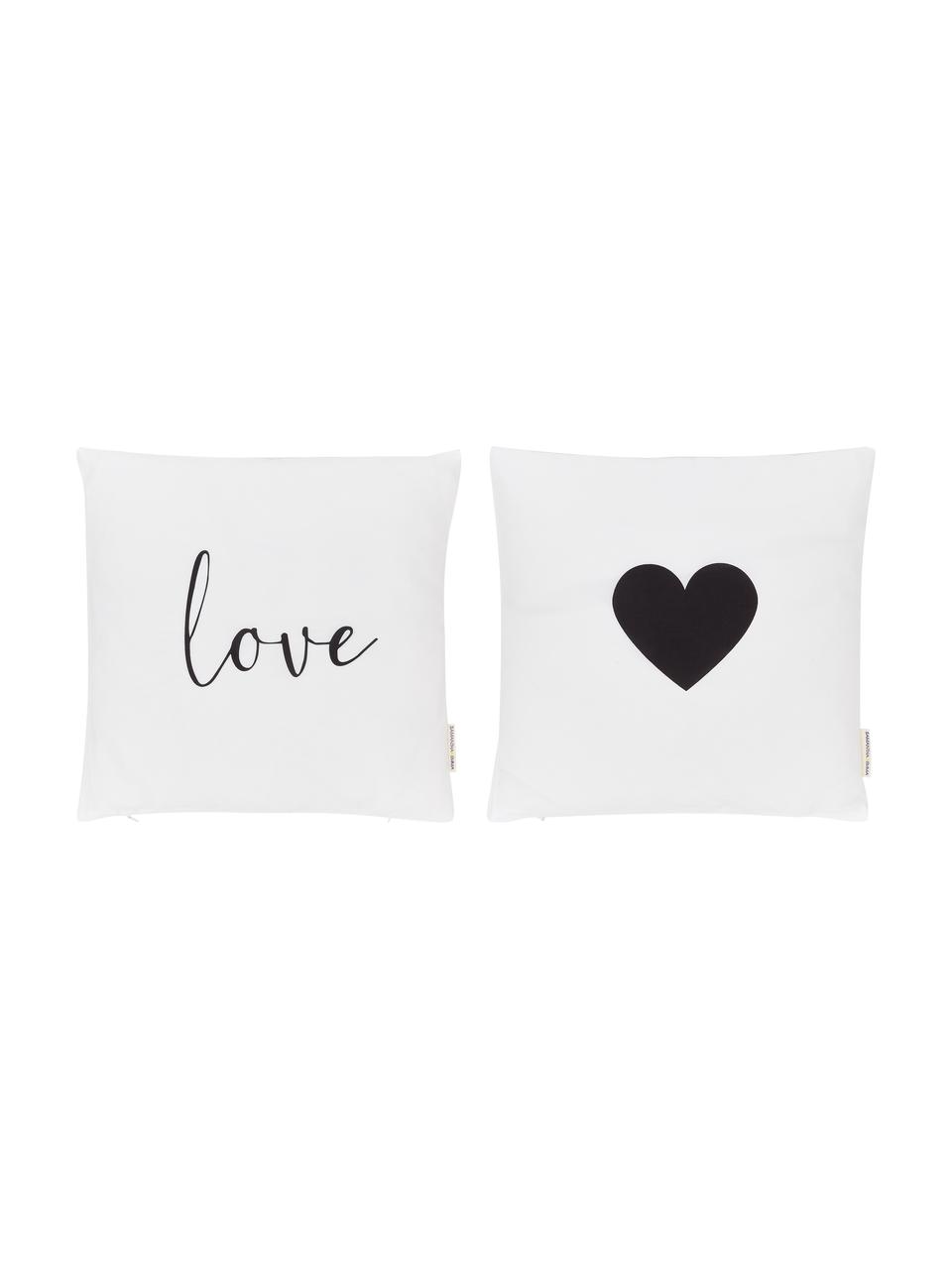 Fundas de cojín Love, 2 uds., 100% poliéster, Negro, blanco, An 40 x L 40 cm