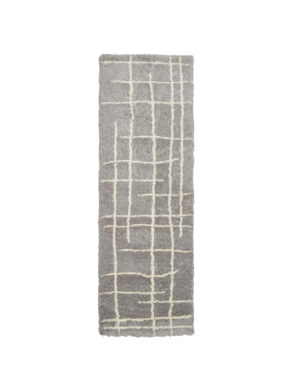 Flauschiger Hochflor-Läufer Amelie, handgetuftet, Flor: 100 % Polyester, Grau, Cremeweiß, B 80 x L 250 cm