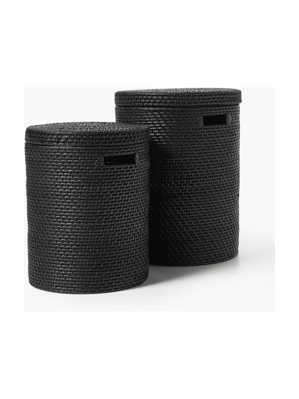 Set di 2 cesti portabiancheria con coperchio Lurdes, Rattan, Nero, Set in varie misure