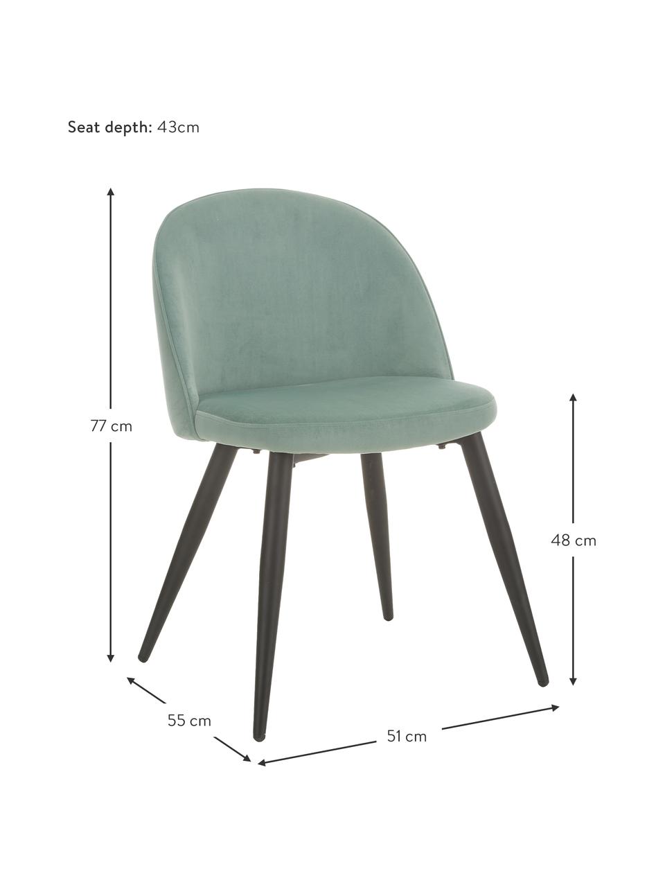 Fluwelen stoelen Amy in blauwgroen, 2 stuks, Bekleding: fluweel (polyester), Poten: gepoedercoat metaal, Fluweel turquoise, B 51 x D 55 cm