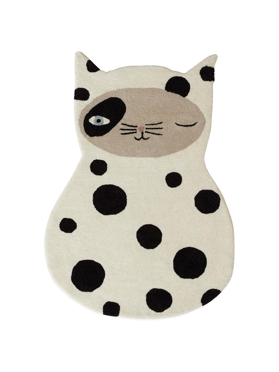 Wollteppich Zorro Cat, 80% Wolle, 20% Baumwolle, Gebrochenes Weiss, Schwarz, Beige, Blau, B 64 x L 93 cm