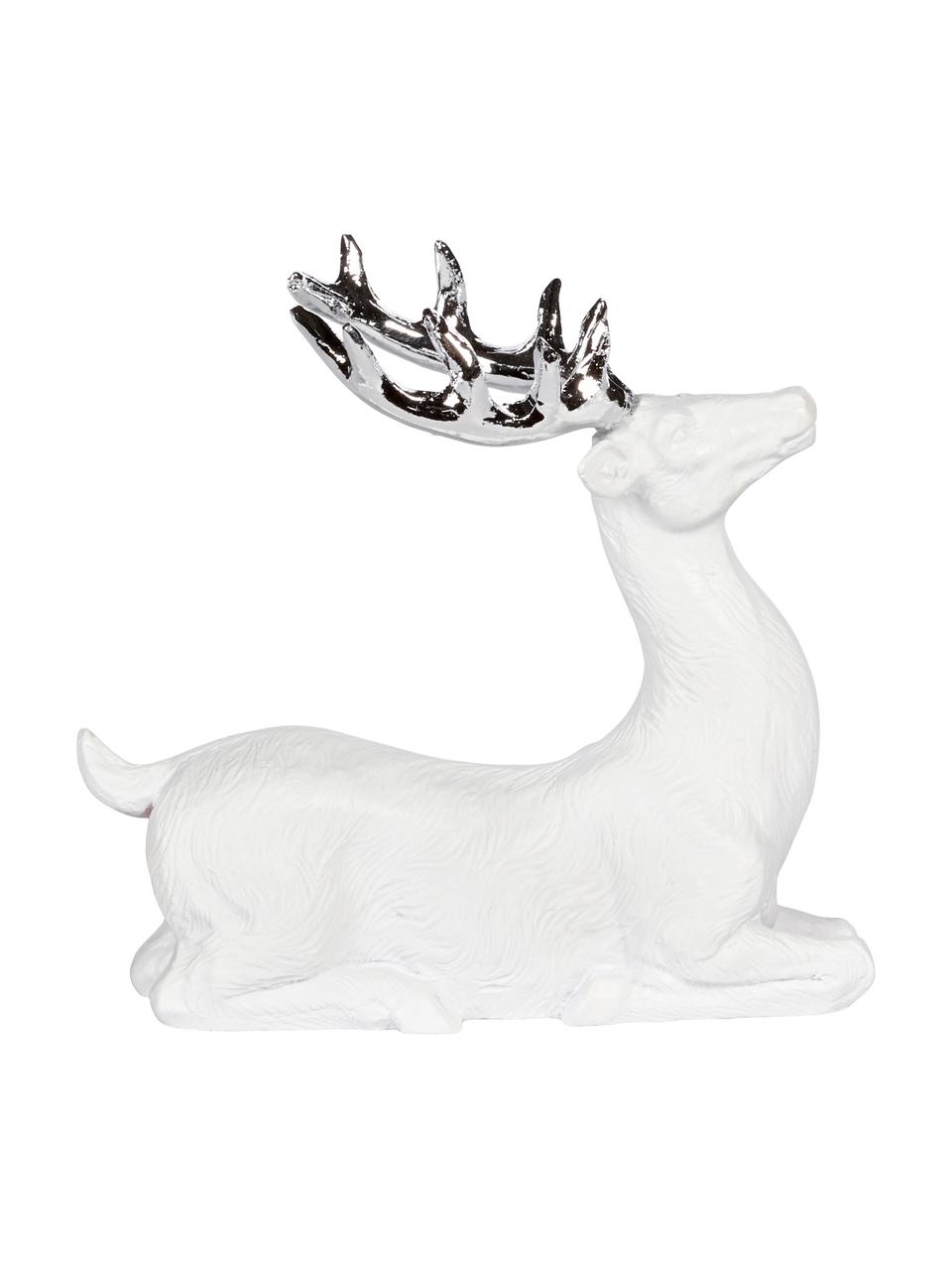 Cerf décoratif artisanal Deer, Polyrésine, Blanc, couleur argentée, larg. 9 x haut. 9 cm