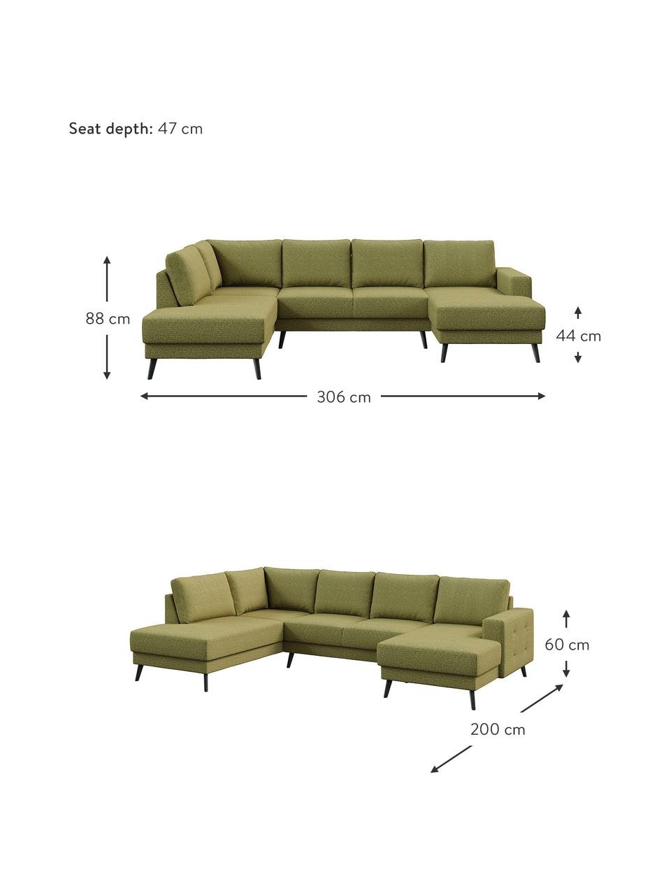 Sofá rinconero grande Fynn, Tapizado: 100% poliéster con tacto , Estructura: madera dura, madera bland, Patas: madera pintada Alta resis, Verde oliva, An 306 x F 200 cm