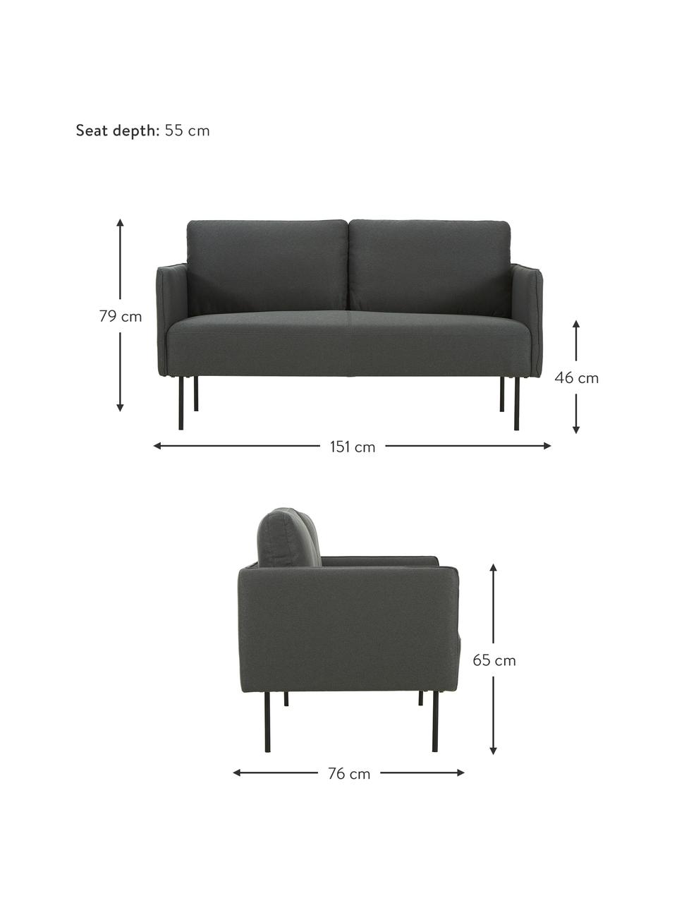 Bank Ramira (2-zits) in antraciet met metalen poten, Bekleding: polyester, Frame: massief grenenhout, multi, Poten: gepoedercoat metaal, Antraciet, B 151 x D 76 cm