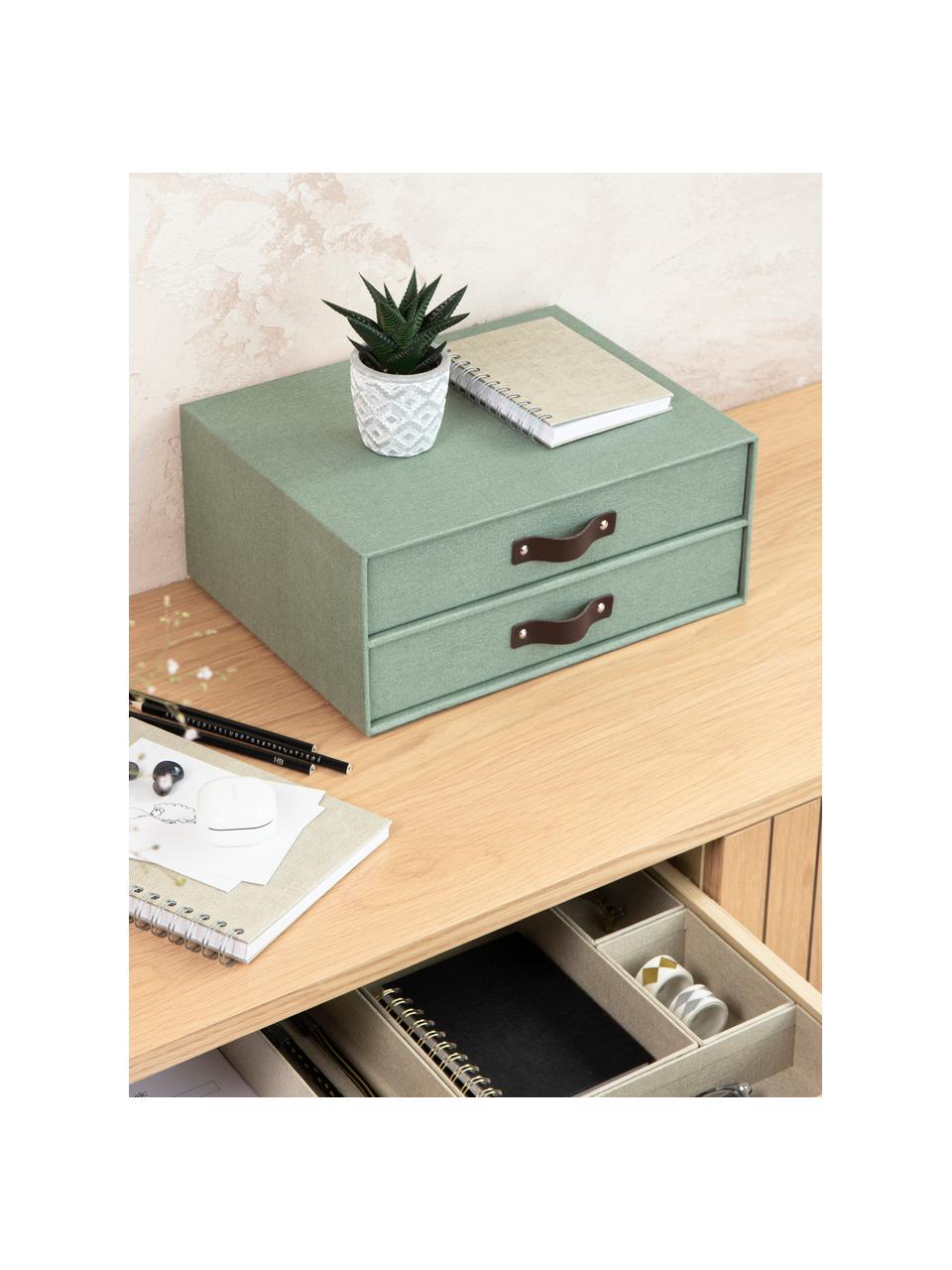 Organizador de escritorio Birger, Caja: canvas, cartón macizo, Asa: cuero, Verde salvia, marrón oscuro, An 33 x Al 25 cm