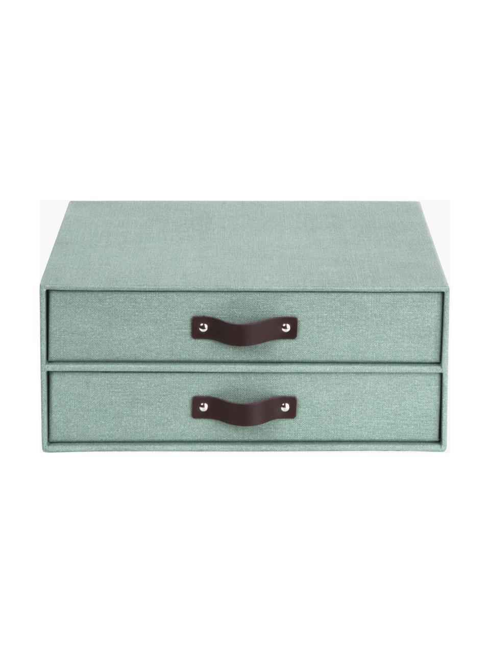 Organizador de escritorio Birger, Caja: canvas, cartón macizo, Asa: cuero, Verde salvia, marrón oscuro, An 33 x Al 25 cm