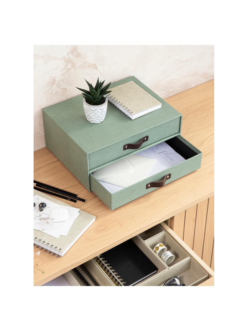 Organizador de escritorio Birger, Caja: canvas, cartón macizo, Asa: cuero, Verde salvia, marrón oscuro, An 33 x Al 25 cm