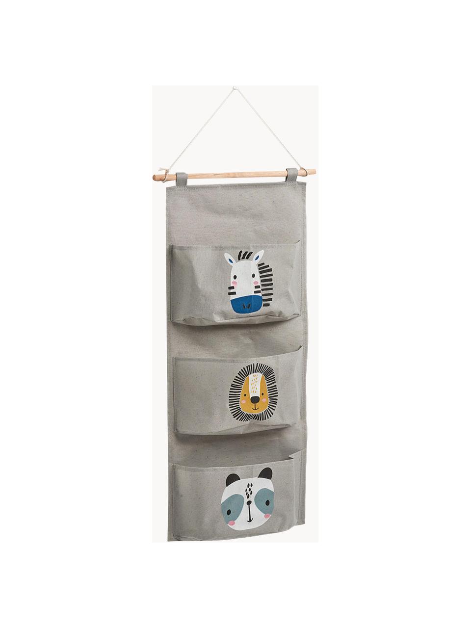 Hangende organizer Animals, Organizer: 90% polyester, 10% katoen, Stang: hout, Grijs, meerkleurig, B 20 cm x H 60 cm