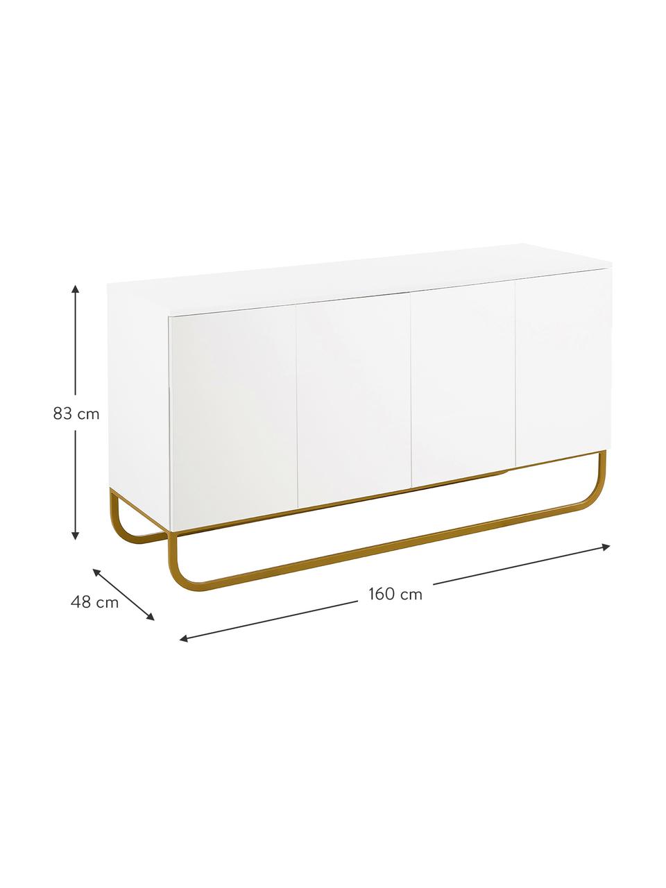 Klassiek dressoir Sanford in wit met deuren, Frame: gelakt MDF, Poten: gepoedercoat metaal, Wit, goudkleurig, B 160 x H 83 cm