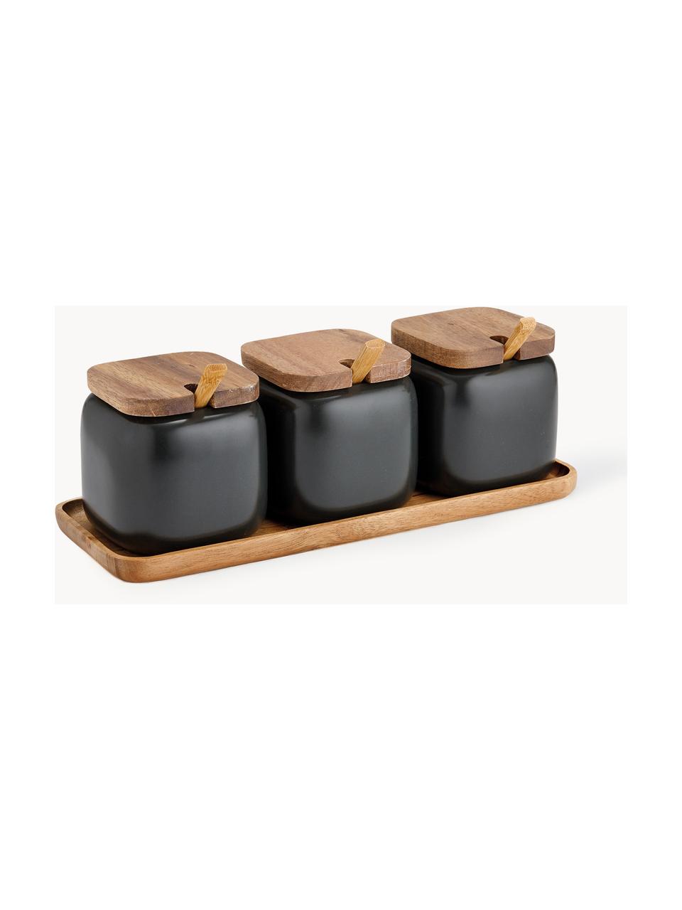 Bocaux de rangement avec plateau Essentials, 4 élém., Porcelaine, bois d'acacia, Noir, bois foncé, Lot de différentes tailles