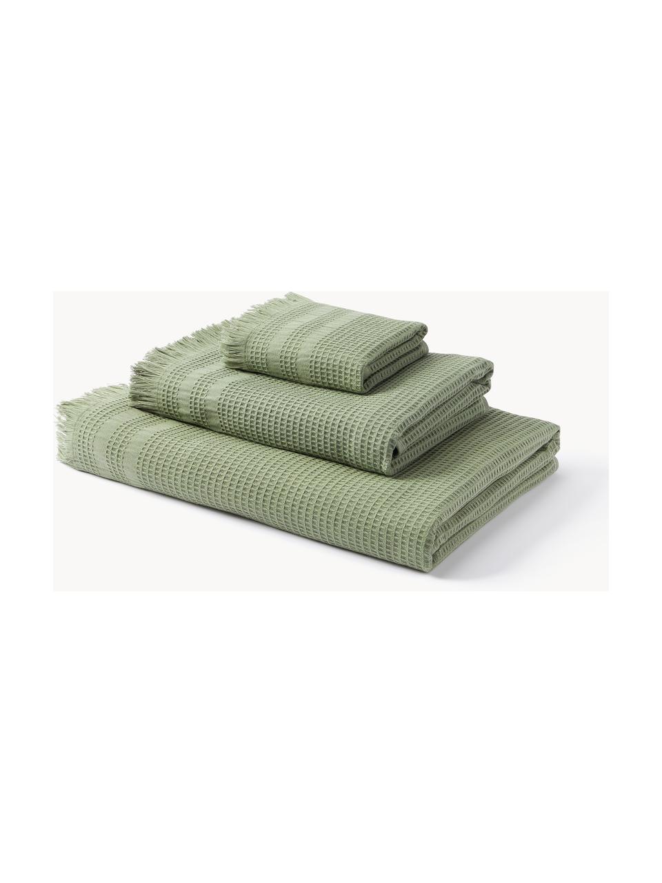 Lot de serviettes de bain en piqué gaufré Yara, 3 élém., Vert olive, 3 éléments (1 serviette invité, 1 serviette de toilette et 1 drap de bain)