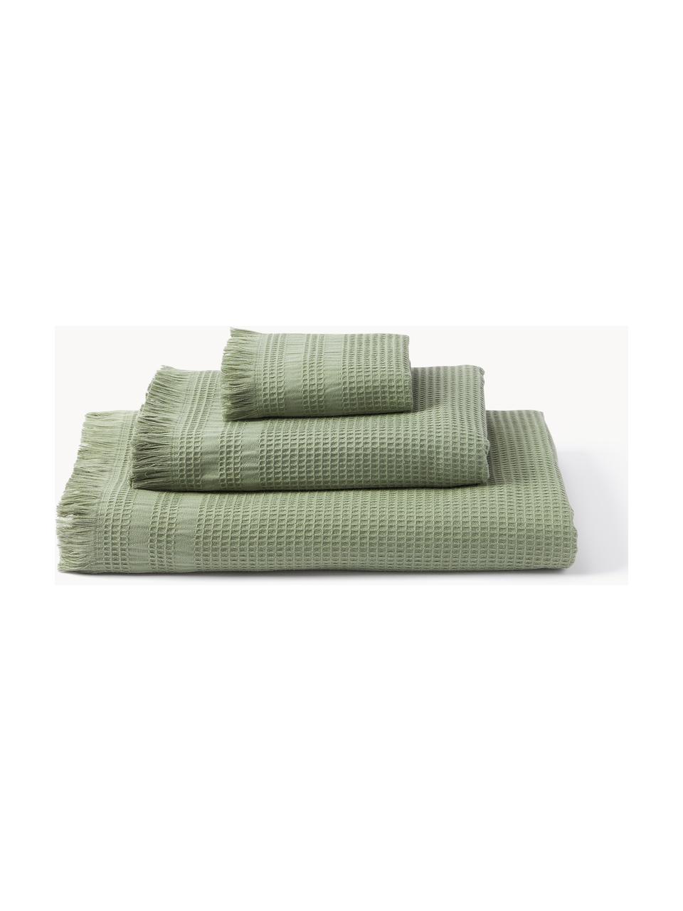 Set 3 asciugamani in piqué waffle Yara, Verde oliva, Set da 3 (asciugamano ospite, asciugamano e telo bagno)