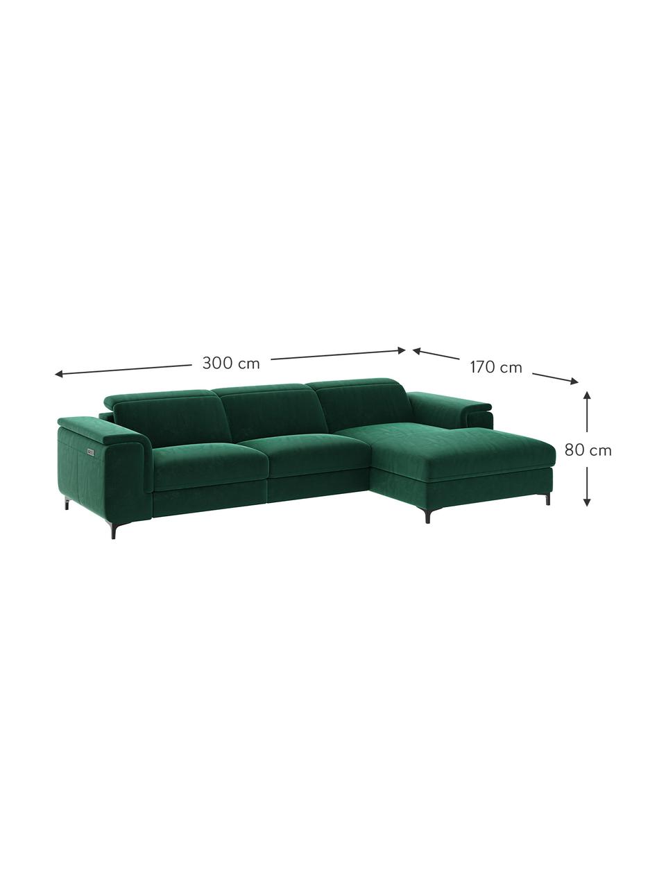 Sofa narożna z aksamitu z funkcją relaks Brito, Tapicerka: 100% aksamit poliestrowy,, Nogi: metal lakierowany, Ciemny zielony, S 300 x G 170 cm