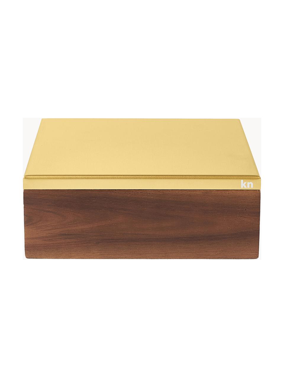 Especiero de madera de acacia Wood, 5 pzas., Caja: madera de acacia, Botes: vidrio, Madera de acacia, dorado, An 16 x F 16 cm