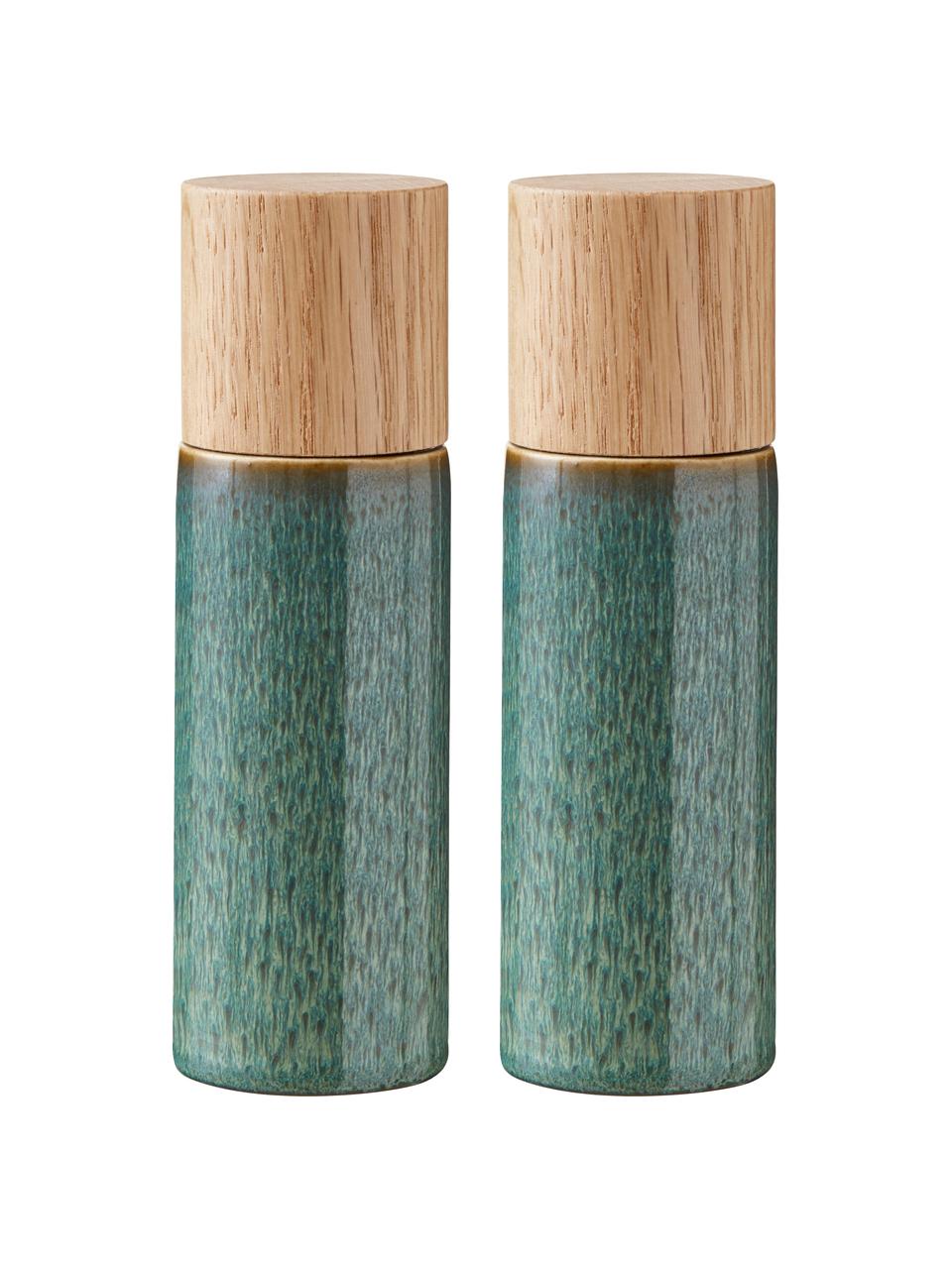 Salière et poivrière Bizz, 2 élém., Tons verts, beige, bois, Ø 5 x haut. 17 cm