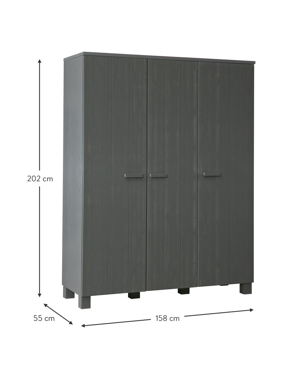 Kleiderschrank Dennis aus Kiefernholz in Grau, Korpus: Kiefernholz, gebürstet un, Dunkelgrau, 158 x 202 cm