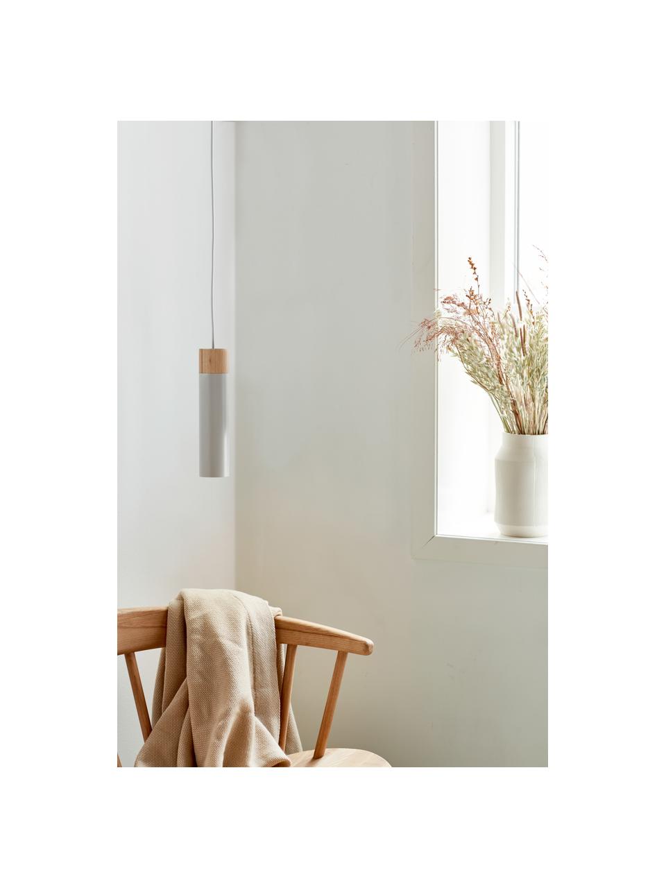 Kleine hanglamp Tilo met houten decoratie, Lampenkap: gecoat metaal, Decoratie: hout, Baldakijn: gecoat metaal, Grijs, helder hout, Ø 6 x H 25 cm