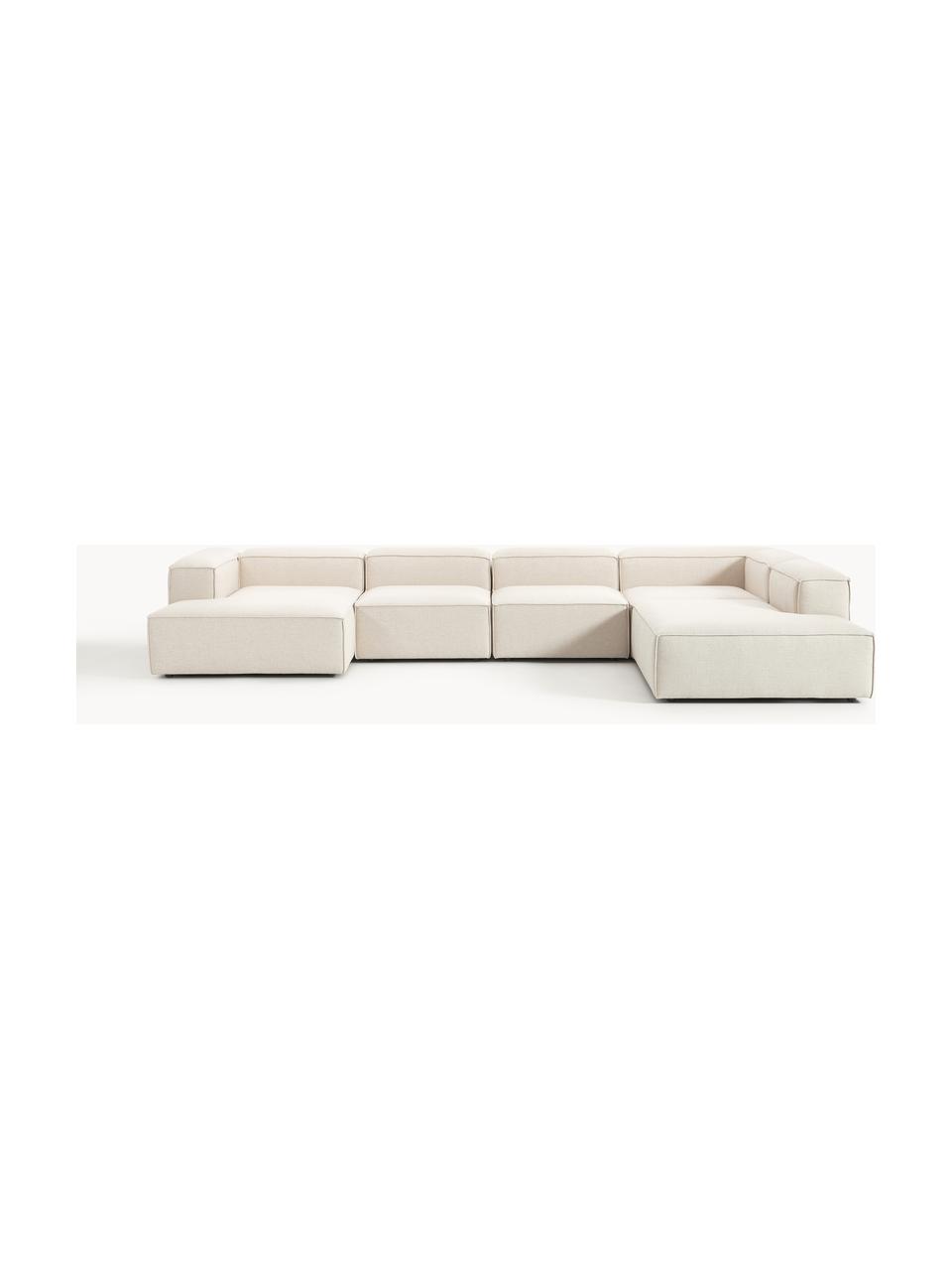 Sofa modułowa z mieszanki lnu Lennon, Tapicerka: 50% wiskoza, 25% len, 15%, Nogi: tworzywo sztuczne Ten pro, Beżowa mieszanka lnu, S 418 x G 269 cm, lewostronna