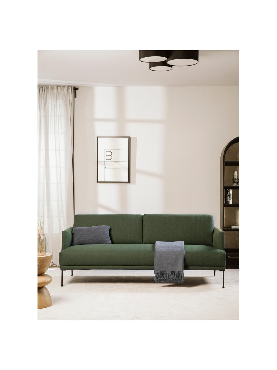 Divano 3 posti in tessuto con piedini in metallo Fluente, Rivestimento: 100% poliestere Con 40.00, Struttura: legno di pino massiccio, Piedini: metallo verniciato a polv, Tessuto verde scuro, Larg. 196 x Prof. 85 cm