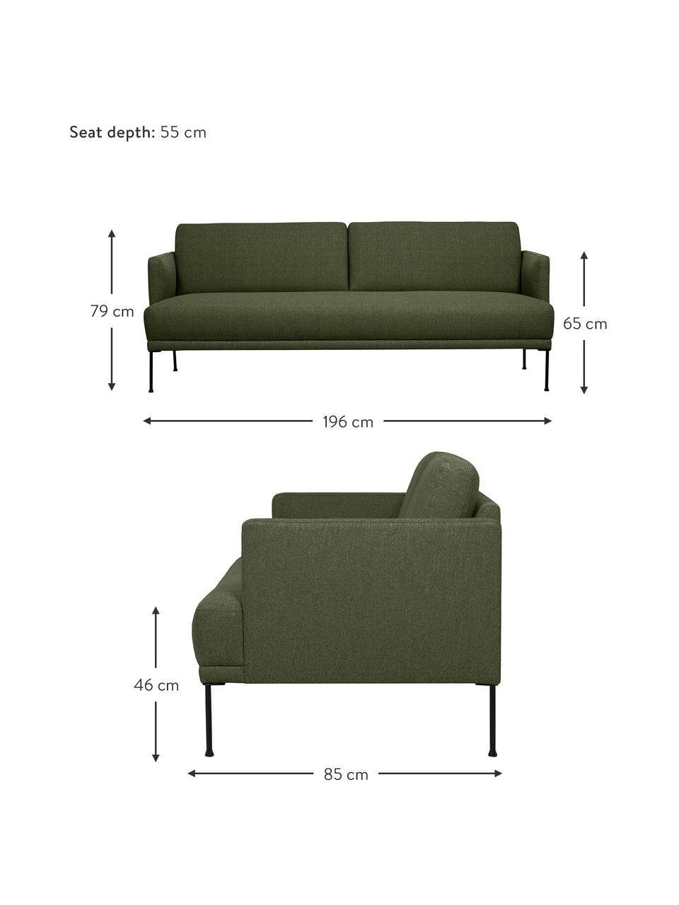 Sofa z metalowymi nogami Fluente (3-osobowa), Tapicerka: 100% poliester Dzięki tka, Stelaż: lite drewno sosnowe z cer, Nogi: metal malowany proszkowo, Ciemnozielona tkanina, S 196 x G 85 cm