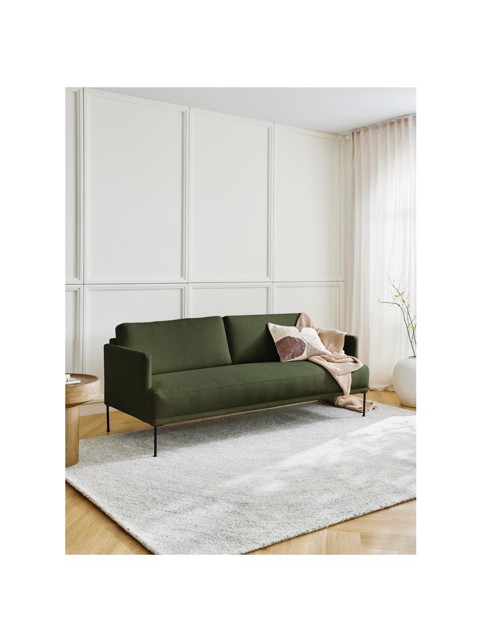 Divano 3 posti in tessuto con piedini in metallo Fluente, Rivestimento: 100% poliestere Con 40.00, Struttura: legno di pino massiccio, Piedini: metallo laccato a polvere, Tessuto verde scuro, Larg. 196 x Prof. 85 cm